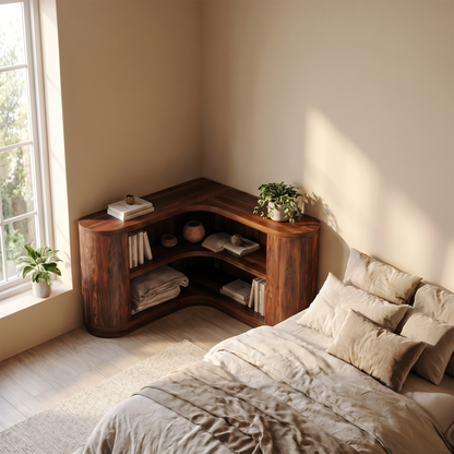 Scandinavian Corner Bookshelf With Simple Wooden Structure For Living Room