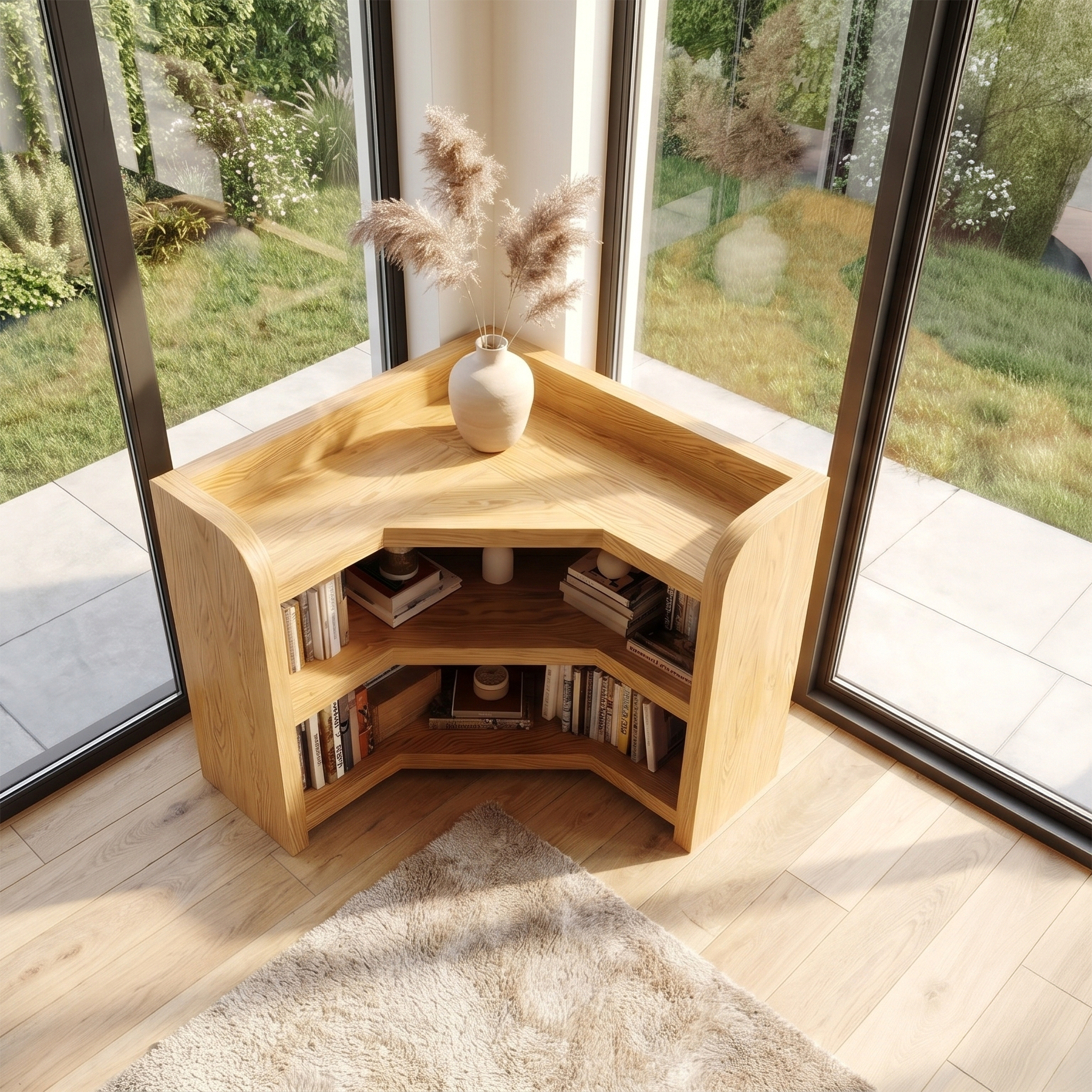 Natural Wooden Bookshelf With Rounded Edges And Open Shelves For Living Room And Bedroom