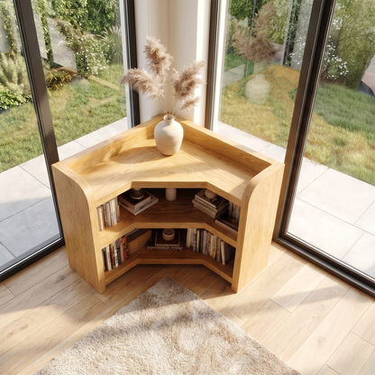 Natural Wooden Bookshelf With Rounded Edges And Open Shelves For Living Room And Bedroom