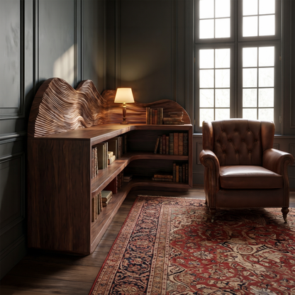 Contemporary Corner Bookcase With Sculptural Wooden Shelves For Living Room