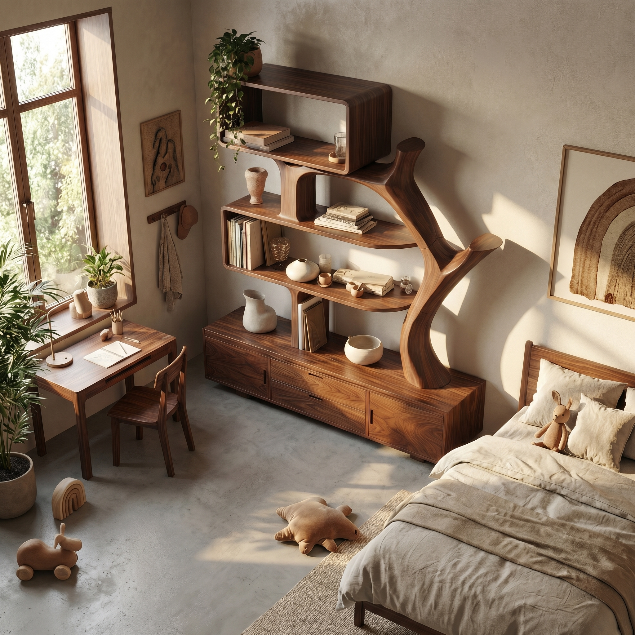 Sculptural Wood Display Shelf With Storage For Living Room