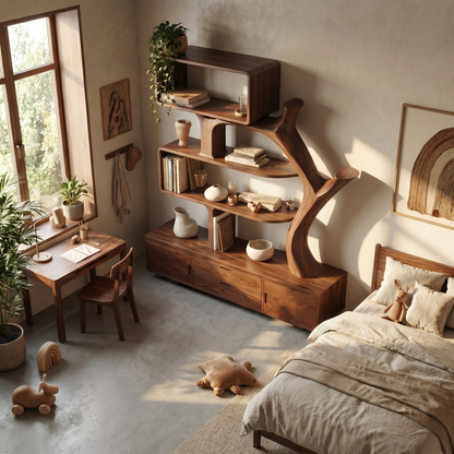 Sculptural Wood Display Shelf With Storage For Living Room