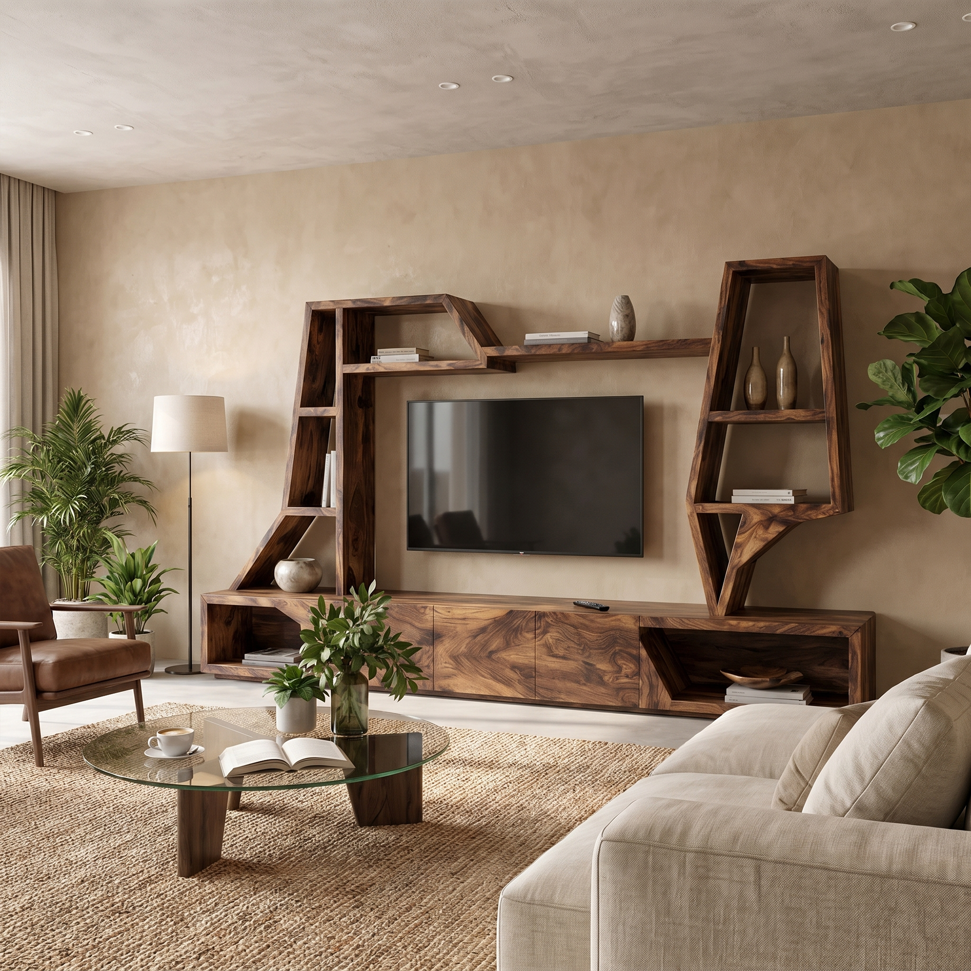 Organic TV Cabinet With Sculptural Branch Shelving And Wall Mounted Storage For Living Room