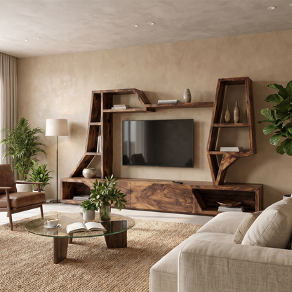 Organic TV Cabinet With Sculptural Branch Shelving And Wall Mounted Storage For Living Room