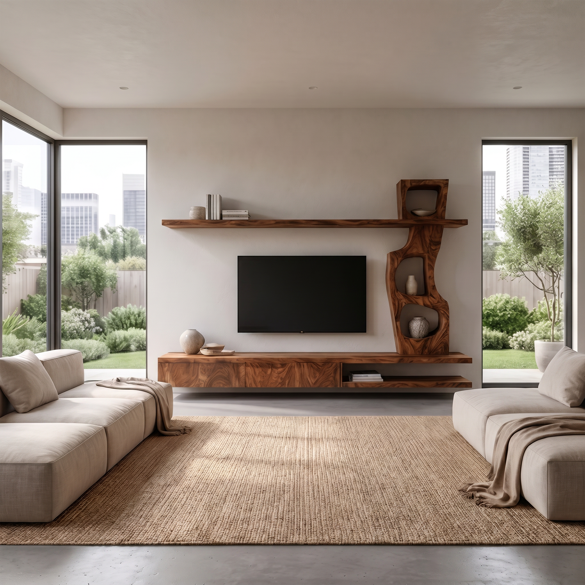 Sculptural TV Cabinet With Tree Inspired Storage Shelves For Living Room