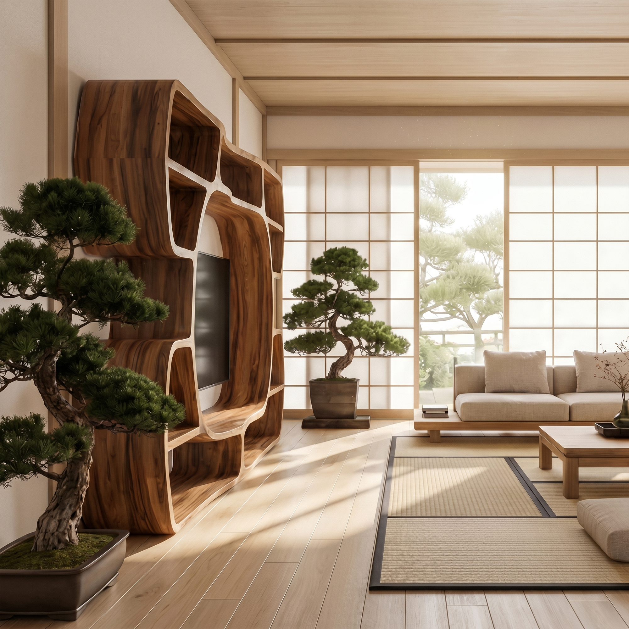 Organic Entertainment Center With Sculptural Surround Shelves For Living Room