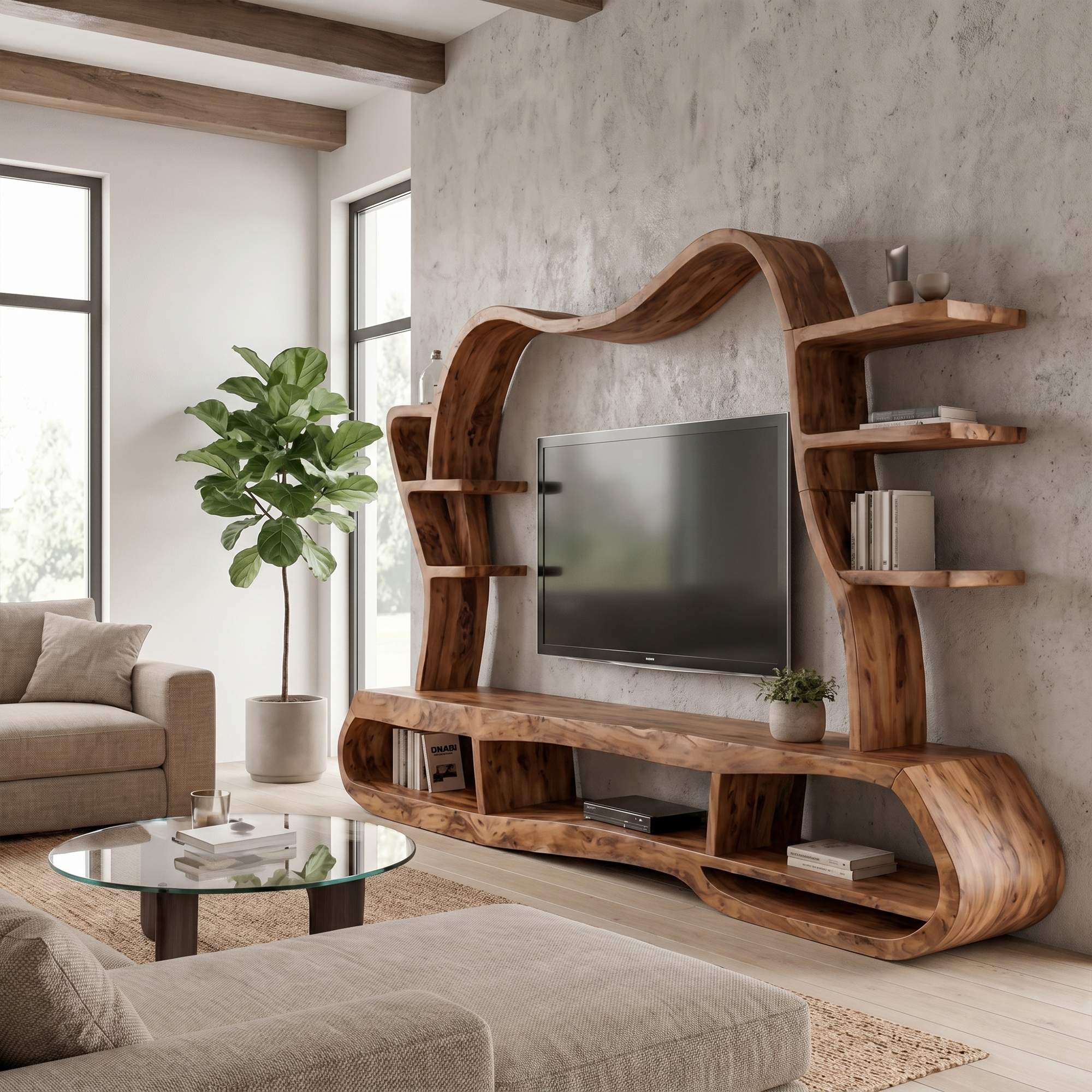 Modern Entertainment Center With Sculptural Curved Shelving For Living Room