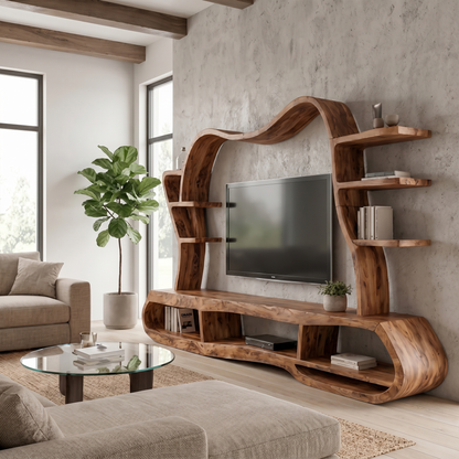 Modern Entertainment Center With Sculptural Curved Shelving For Living Room
