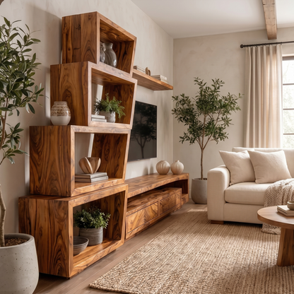 Organic TV Cabinet With Artistic Open Shelving System For Living Room