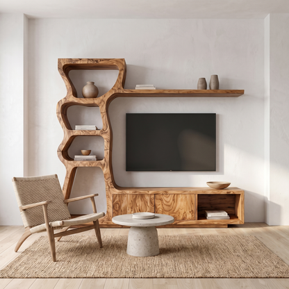 Modern TV Cabinet With Curved Built In Display Shelves For Living Room