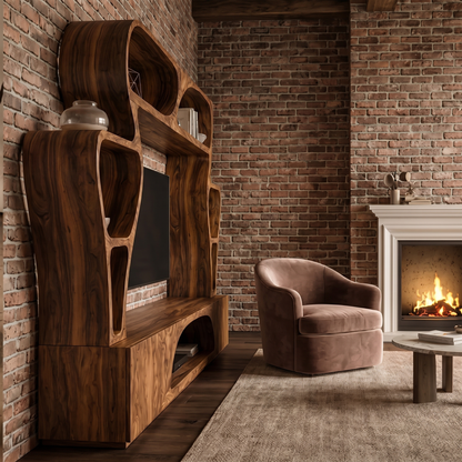 Statement TV Console With Sculptural Wall Storage System For Living Room