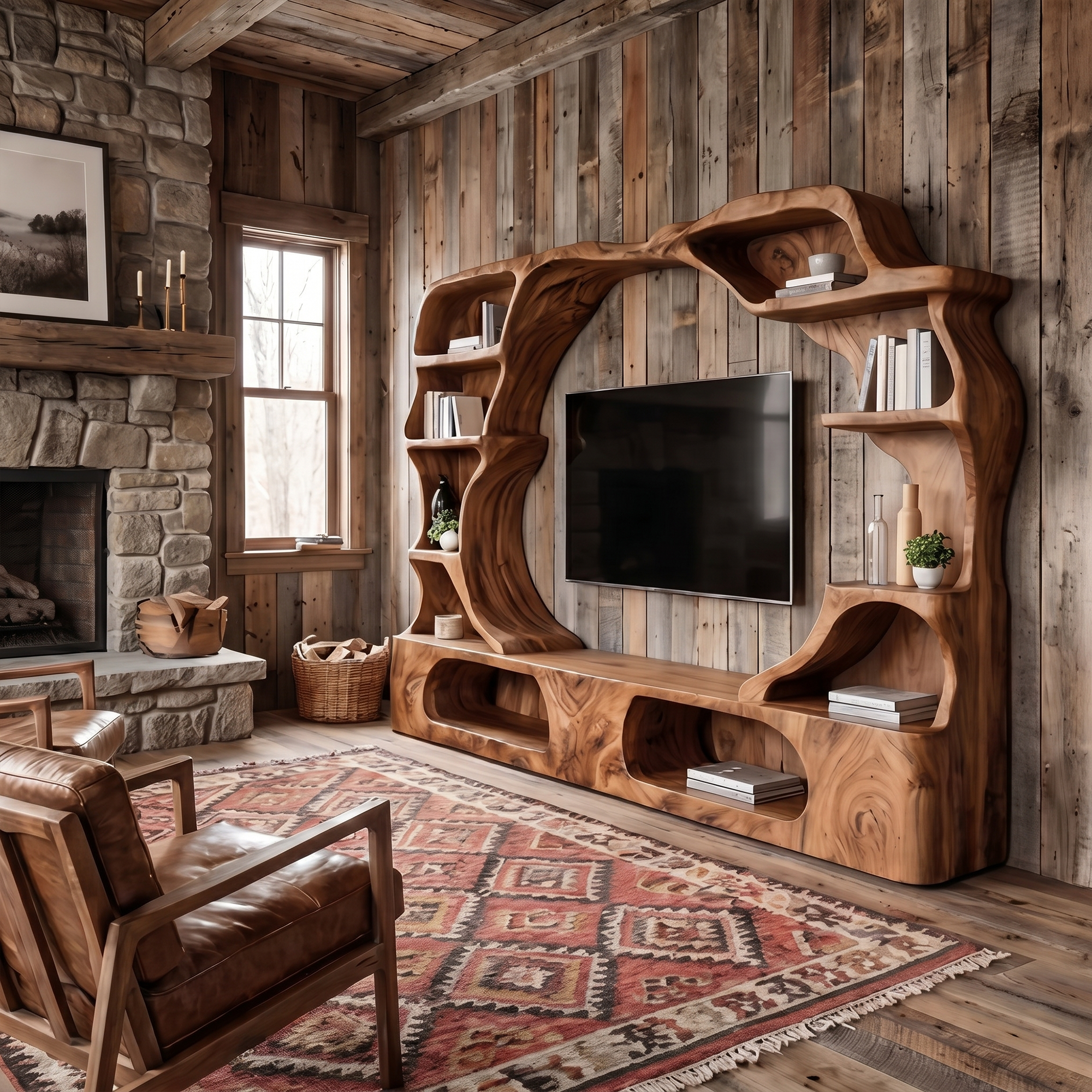 Nature Inspired Entertainment Center With Organic Display Shelves For Living Room