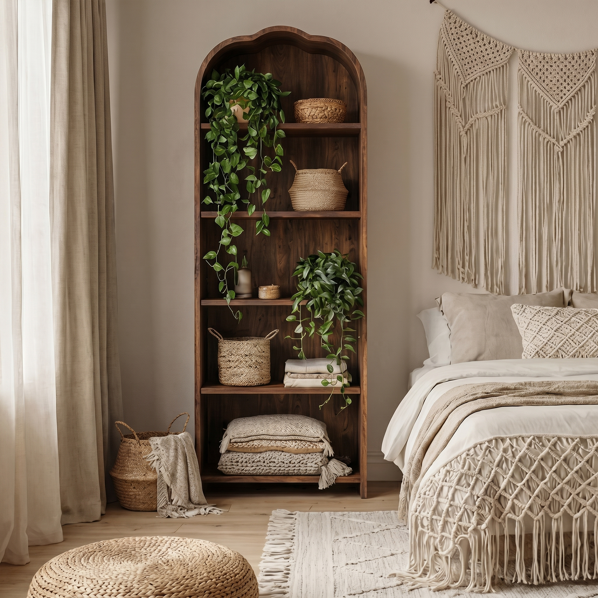 Rustic Arched Bookshelf With Solid Wood Frame And Open Display Shelves For Living Room