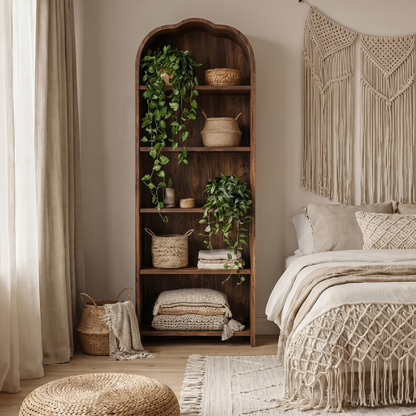 Rustic Arched Bookshelf With Solid Wood Frame And Open Display Shelves For Living Room
