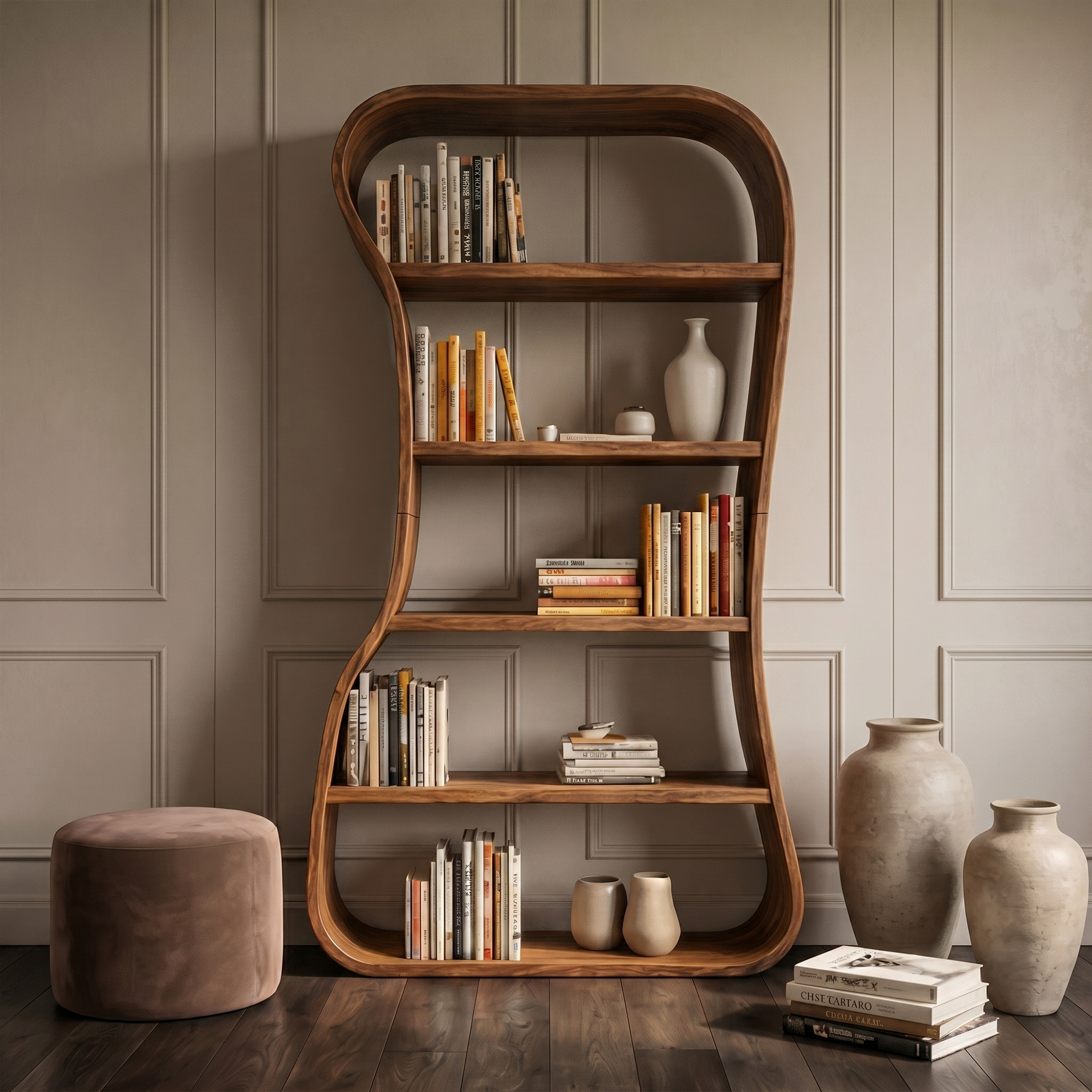 Organic Bookshelf With Sculptural Curved Solid Wood Shelves For Living Room