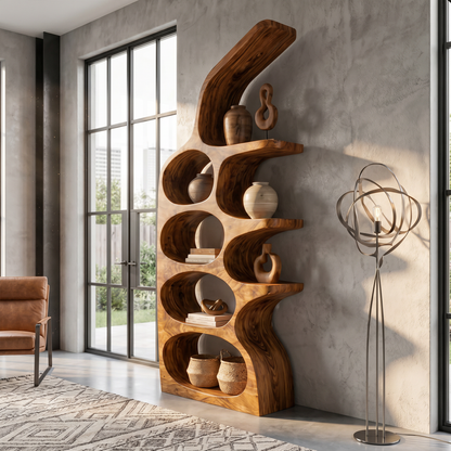 Modern Sculptural Bookshelf With Curved Open Shelves And Solid Wood Design For Living Room