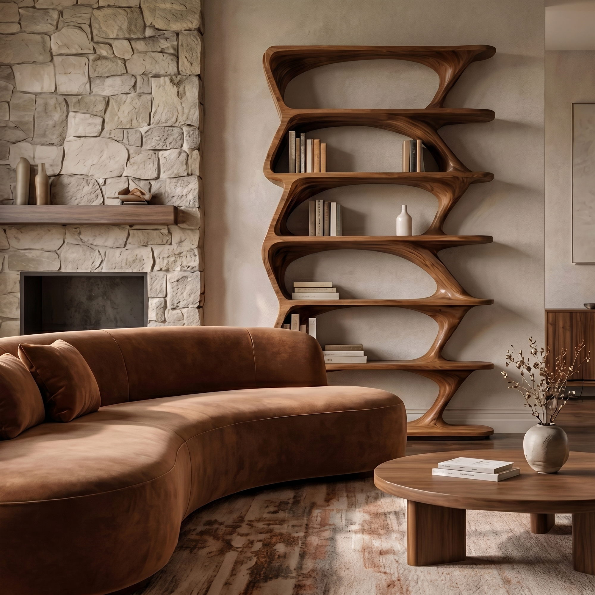 Modern Organic Bookshelf With Sculptural Asymmetrical Shelves And Solid Wood Frame For Living Room