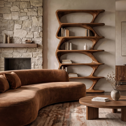 Modern Organic Bookshelf With Sculptural Asymmetrical Shelves And Solid Wood Frame For Living Room