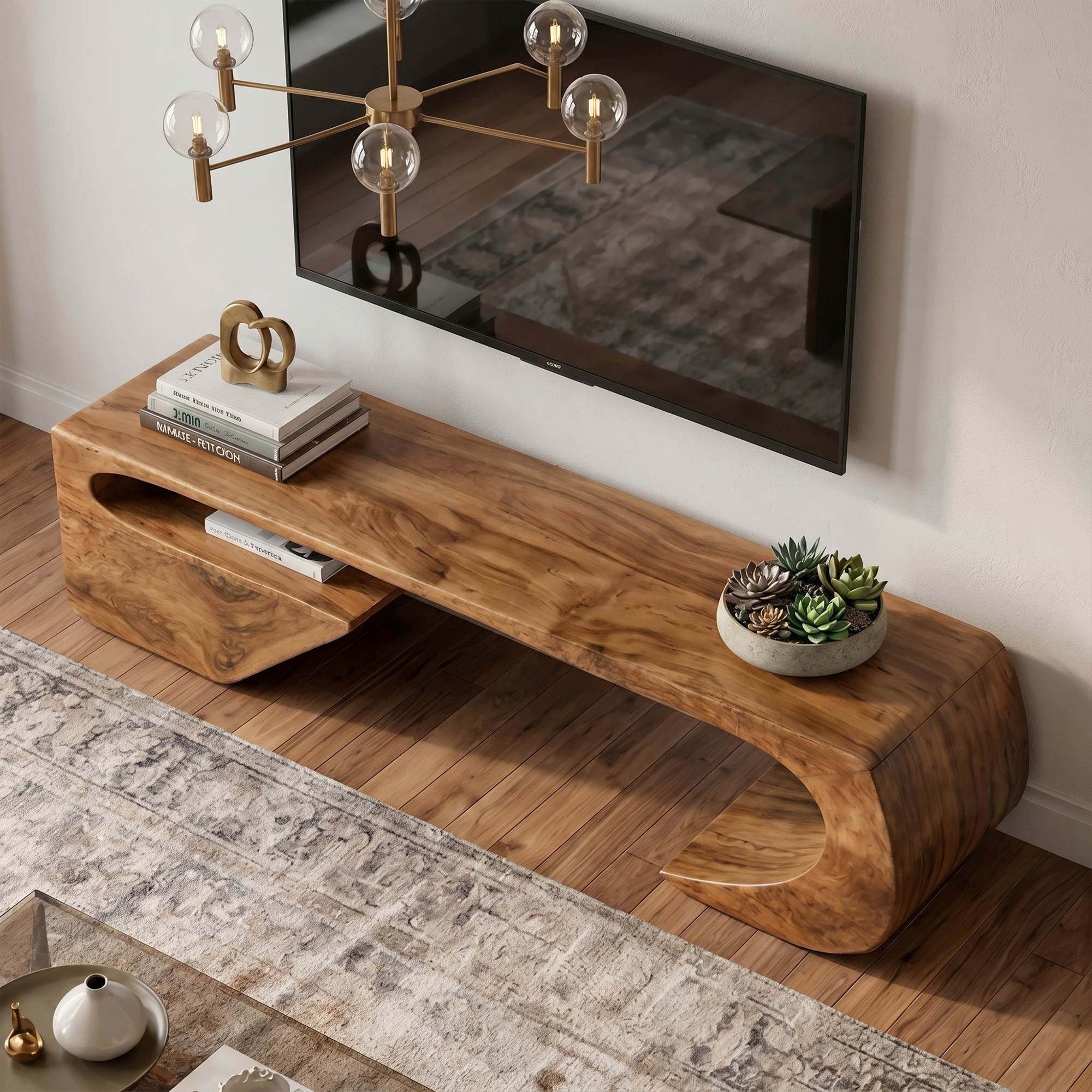 Japandi TV Cabinet With Sculptural Curved Wood Base And Solid Wood Media Console For Living Room