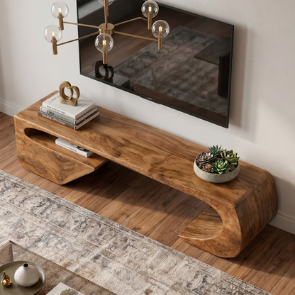 Japandi TV Cabinet With Sculptural Curved Wood Base And Solid Wood Media Console For Living Room