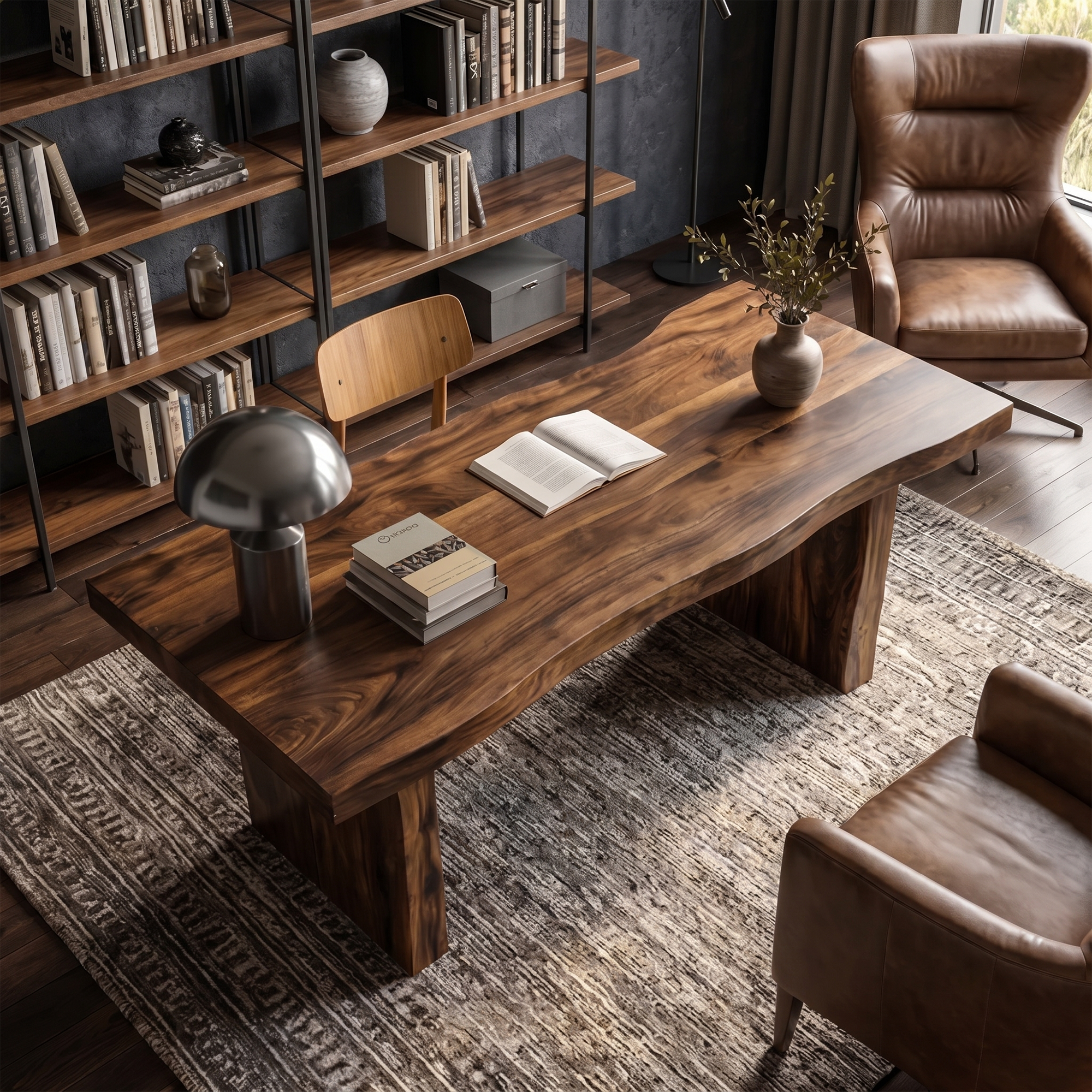 Rustic Desk With Live Edge Top And Sculptural Tree Stump Base For Home Office