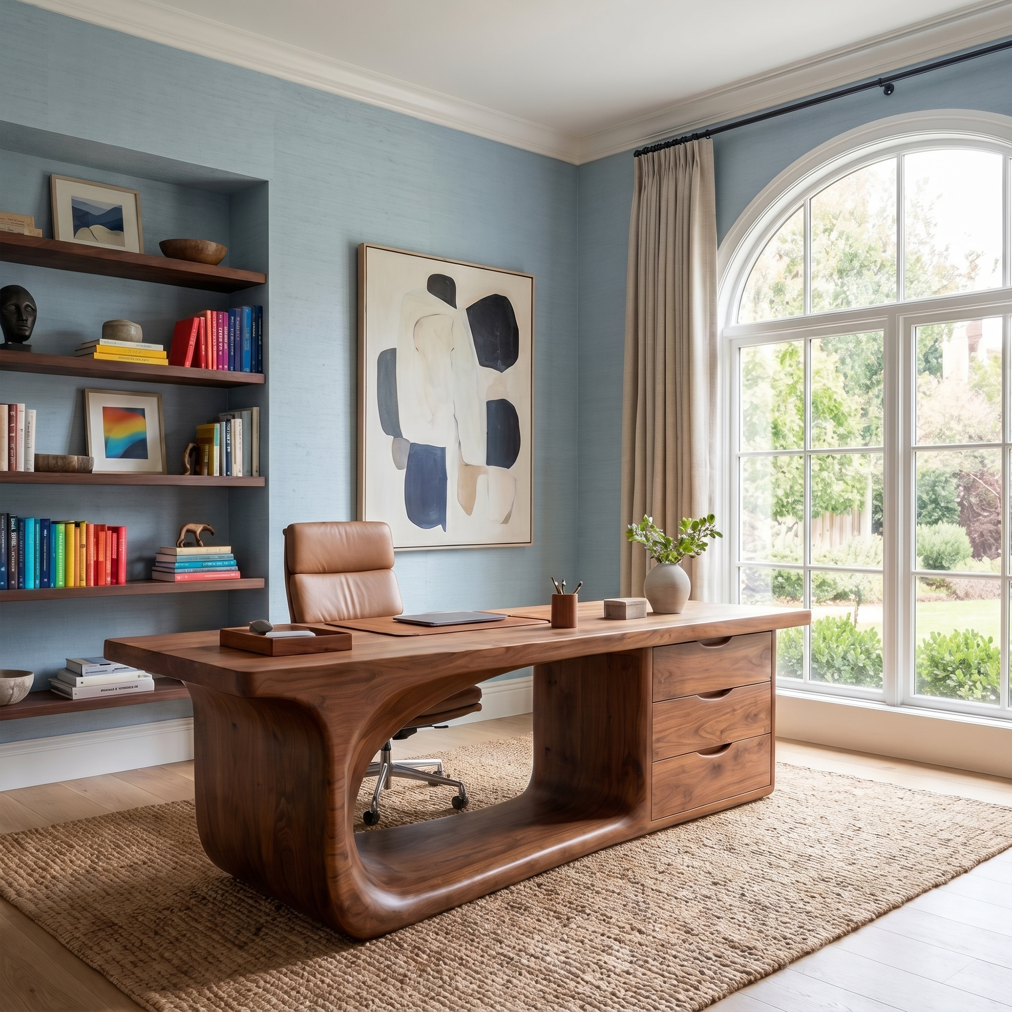 Rustic Executive Desk With Sculptural Solid Wood Base And Integrated Storage For Home Office