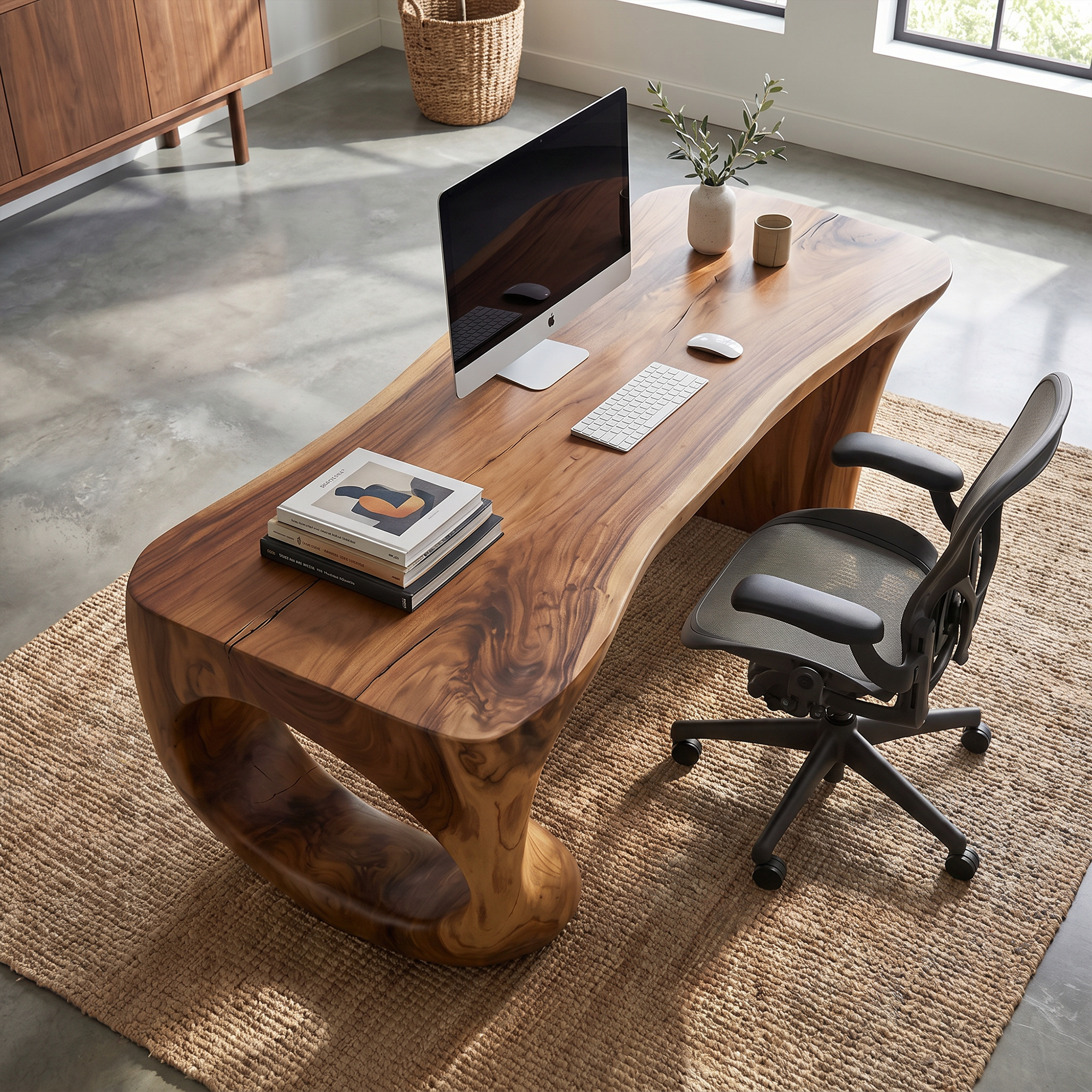 Contemporary Desk With Sculptural Loop Wood Base And Solid Wood Top For Home Office And Workspace