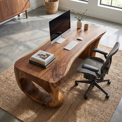 Contemporary Desk With Sculptural Loop Wood Base And Solid Wood Top For Home Office And Workspace