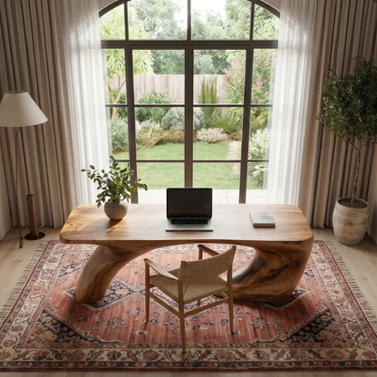 Modern Organic Desk With Sculptural Curved Wood Base And Solid Wood Top For Home Office And Workspace