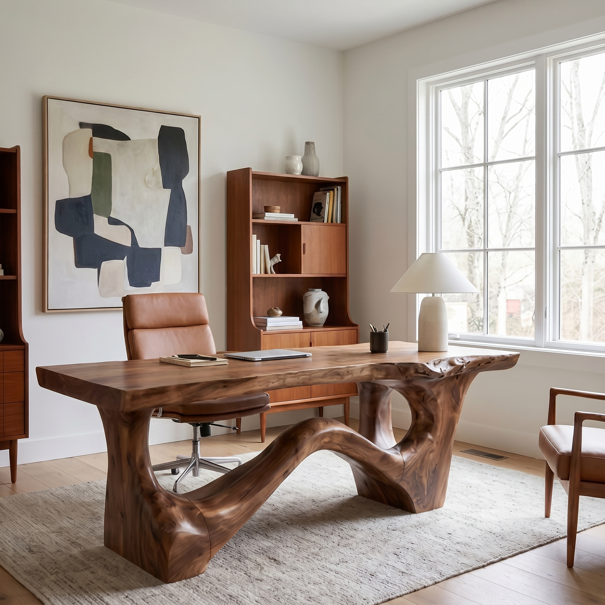 Organic Sculptural Desk With Asymmetrical Wood Base And Solid Wood Top For Home Office And Workspace