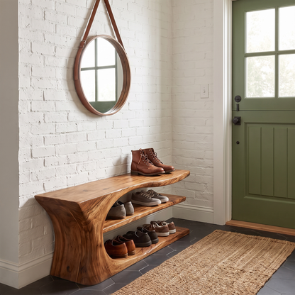 Mid Century Handcrafted Wooden Shoe Storage Bench Home