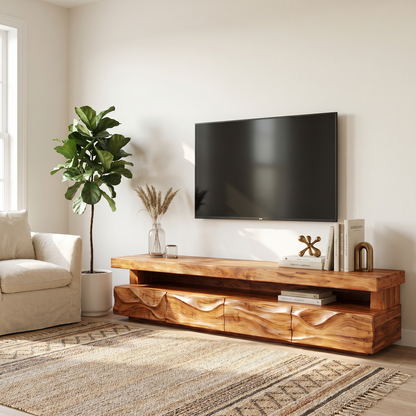 Modern TV Stand With Hand Carved Solid Wood Front And Media Storage For Living Room