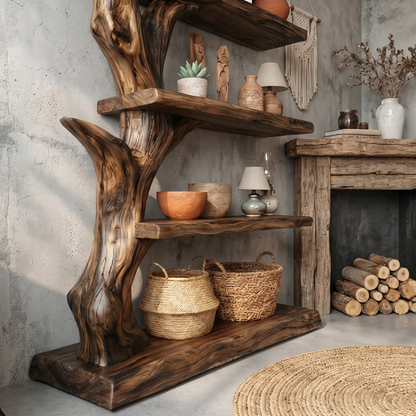 Rustic Tree Bookshelf With Handcrafted Branch Design And Open Display Shelves For Living Room