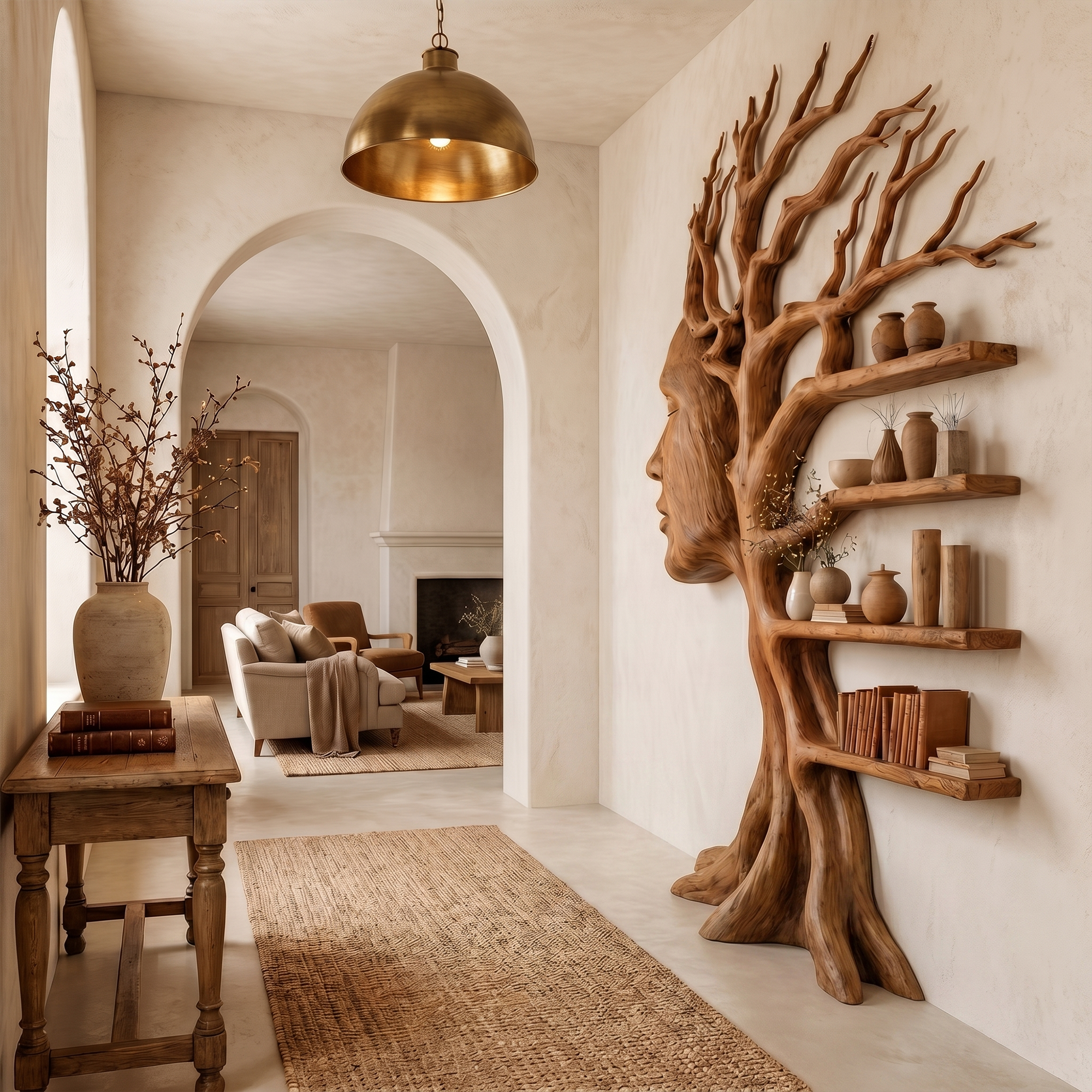 Fantasy Tree Bookshelf With Sculptural Face Design And Integrated Branch Shelves For Living Room