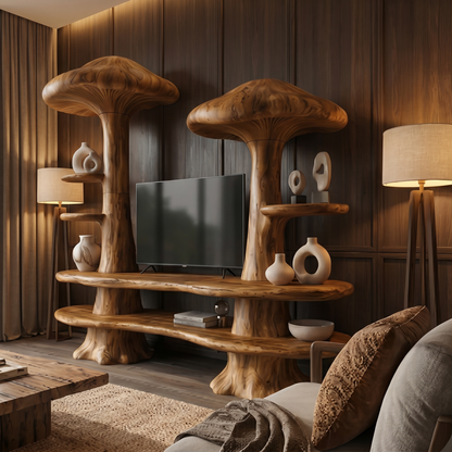 Rustic Mushroom TV Cabinet With Open Display Storage And Media Console For Living Room