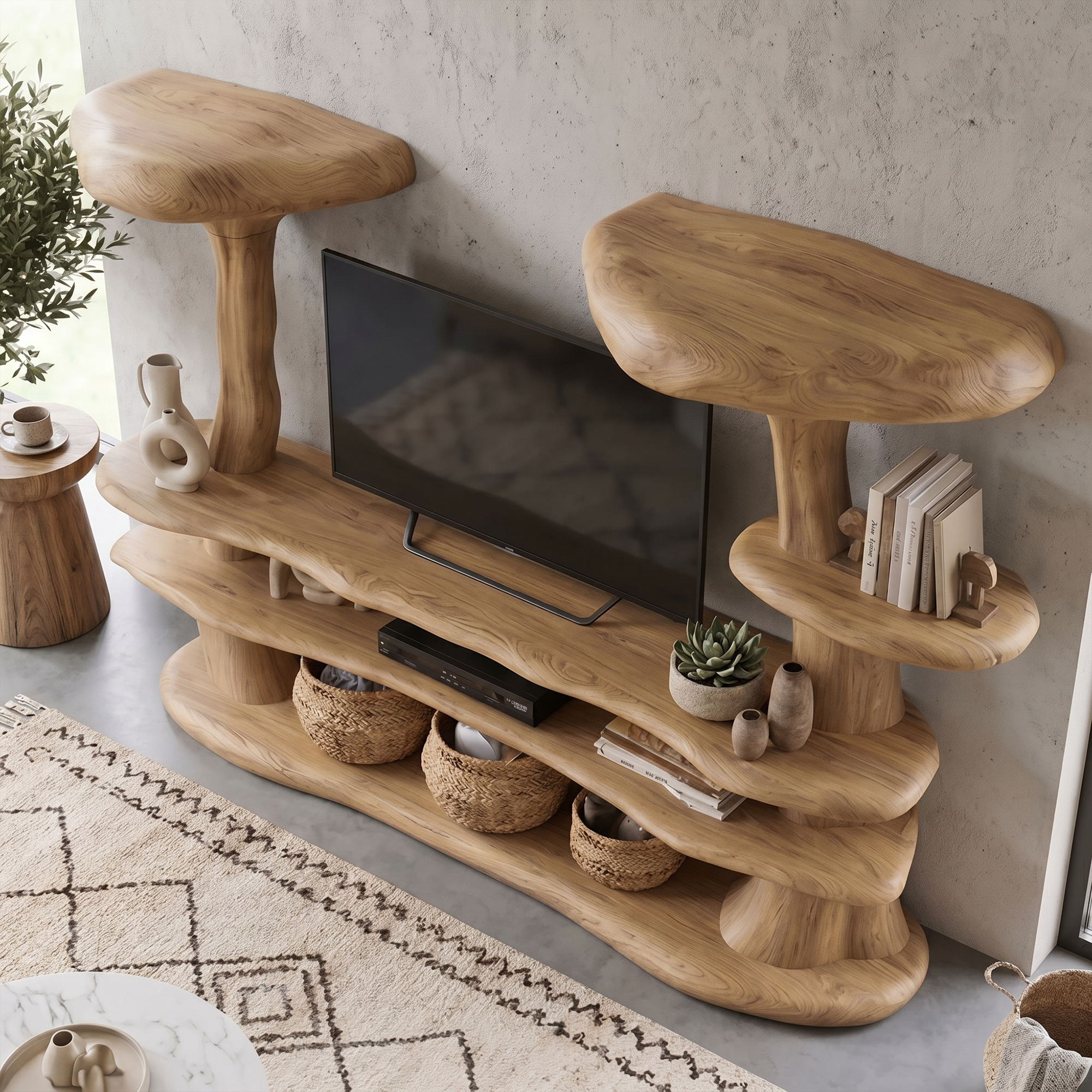Organic Mushroom TV Stand With Sculptural Solid Wood Design For Living Room
