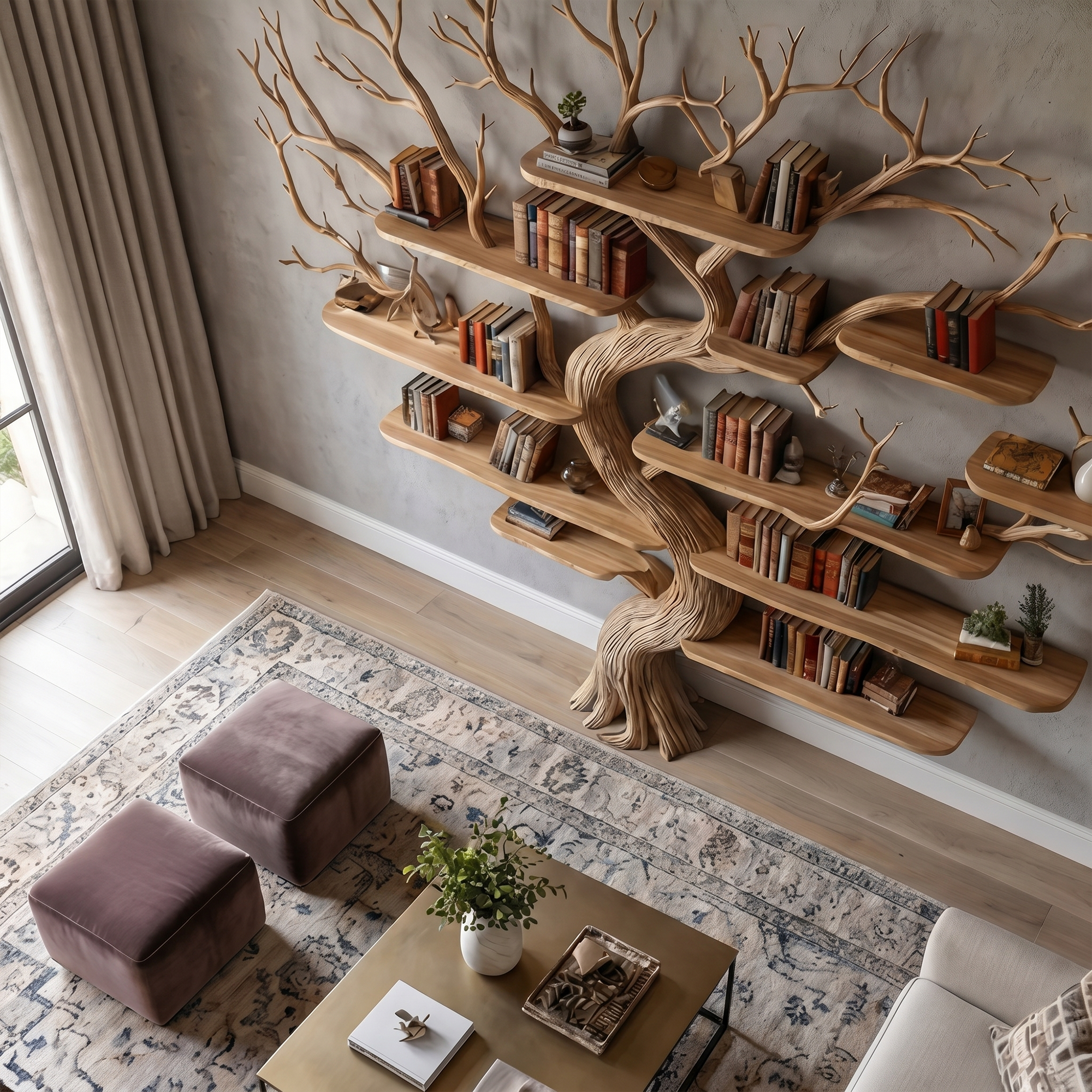 Rustic Tree Wall Bookshelf Bedroom Lounge