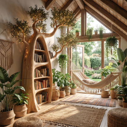Artistic Tree Bookshelf With Illuminated Branch Crown For Living Room