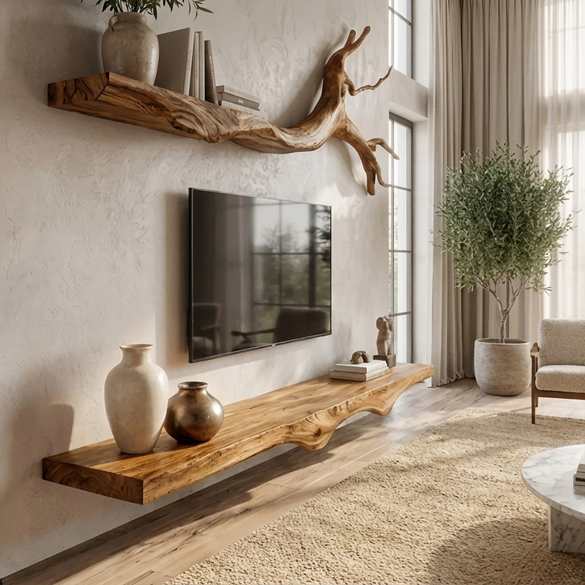 Set 2 Pieces Rustic Floating Wall TV Console Solid Wood Bedroom Living