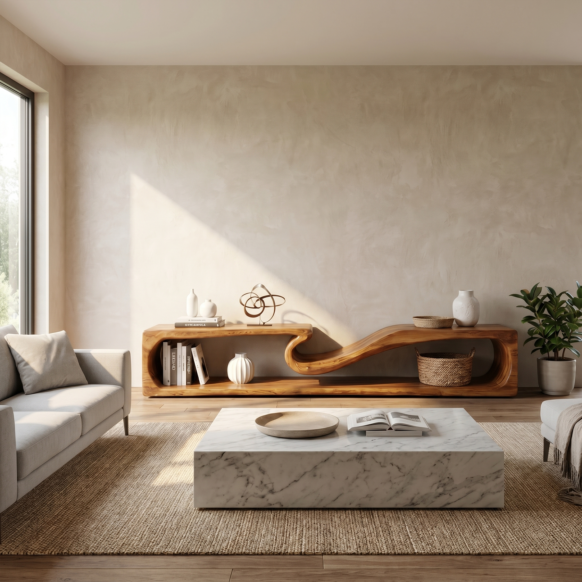 Minimalist TV Cabinet With Rounded Edge Wood Frame And Open Storage Design For Living Room