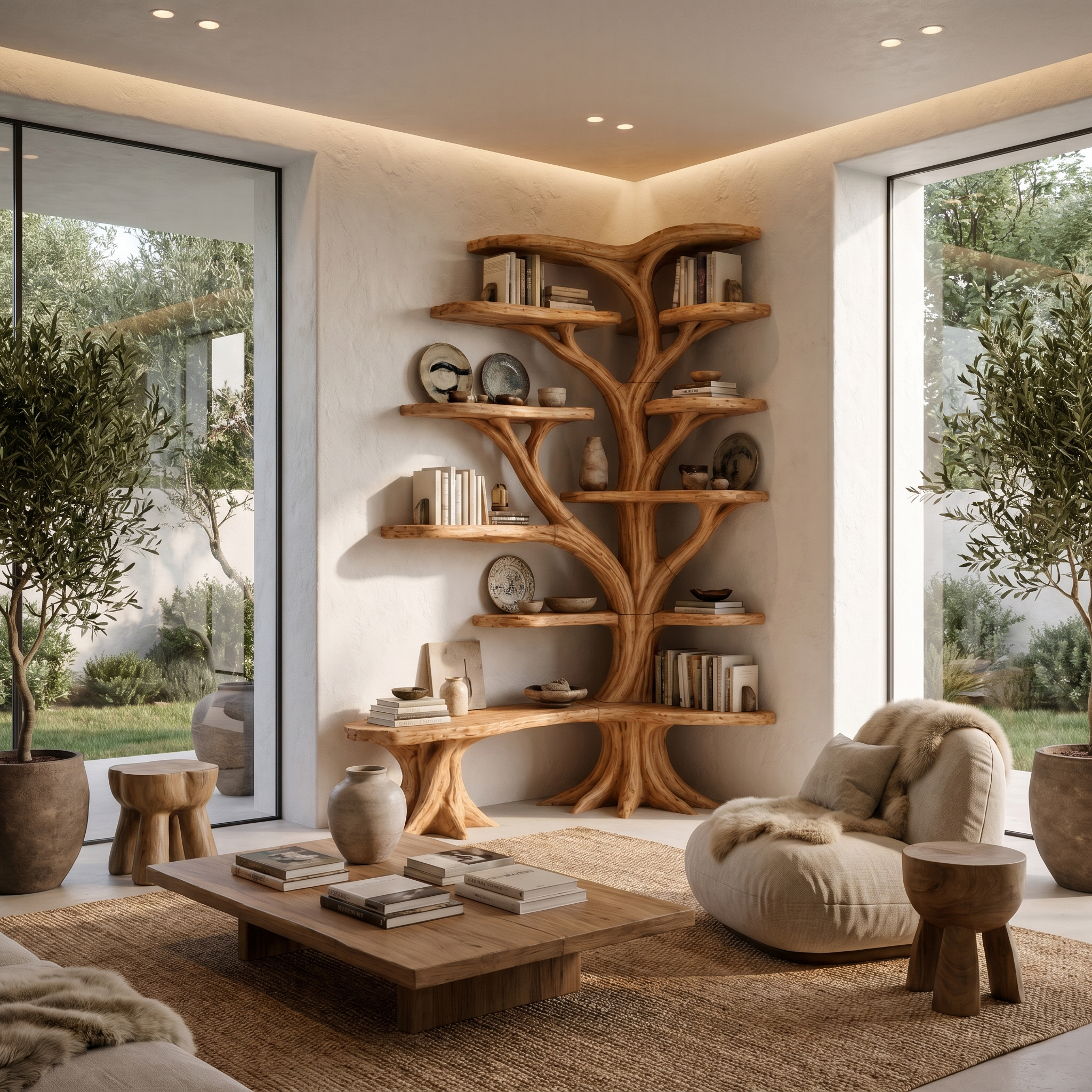 Organic Tree Bookshelf With Sculptural Branch Design And Multi Tier Display Shelves For Living Room.