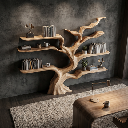 Nature Inspired Tree Bookshelf With Floating Wooden Shelves For Living Room Decor