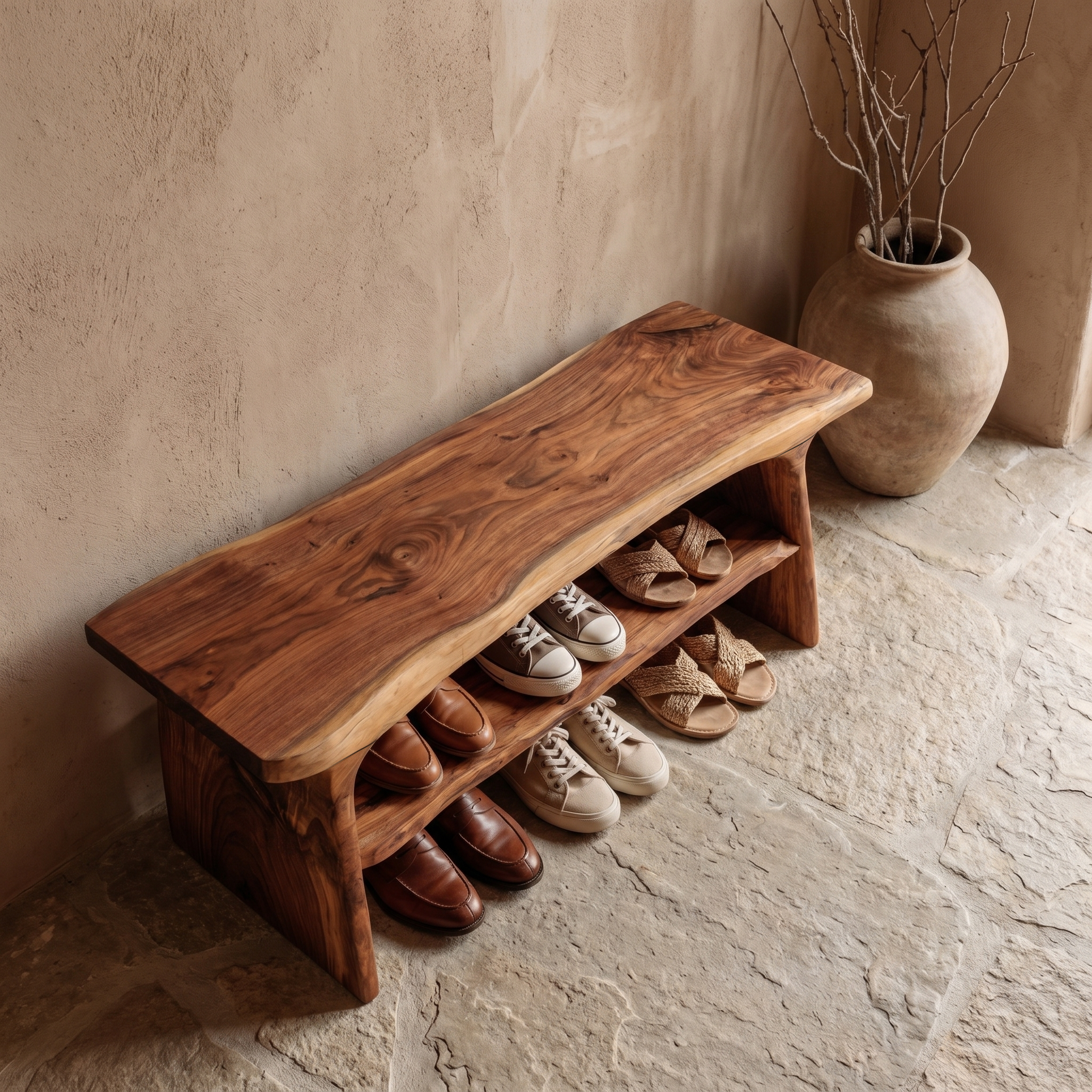 Rustic Shoe Bench With Natural Wood Storage For Entryway