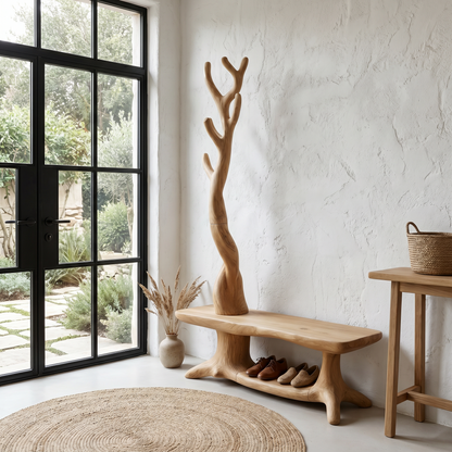 Rustic Shoe Storage Bench With Branch Coat Rack For Entryway