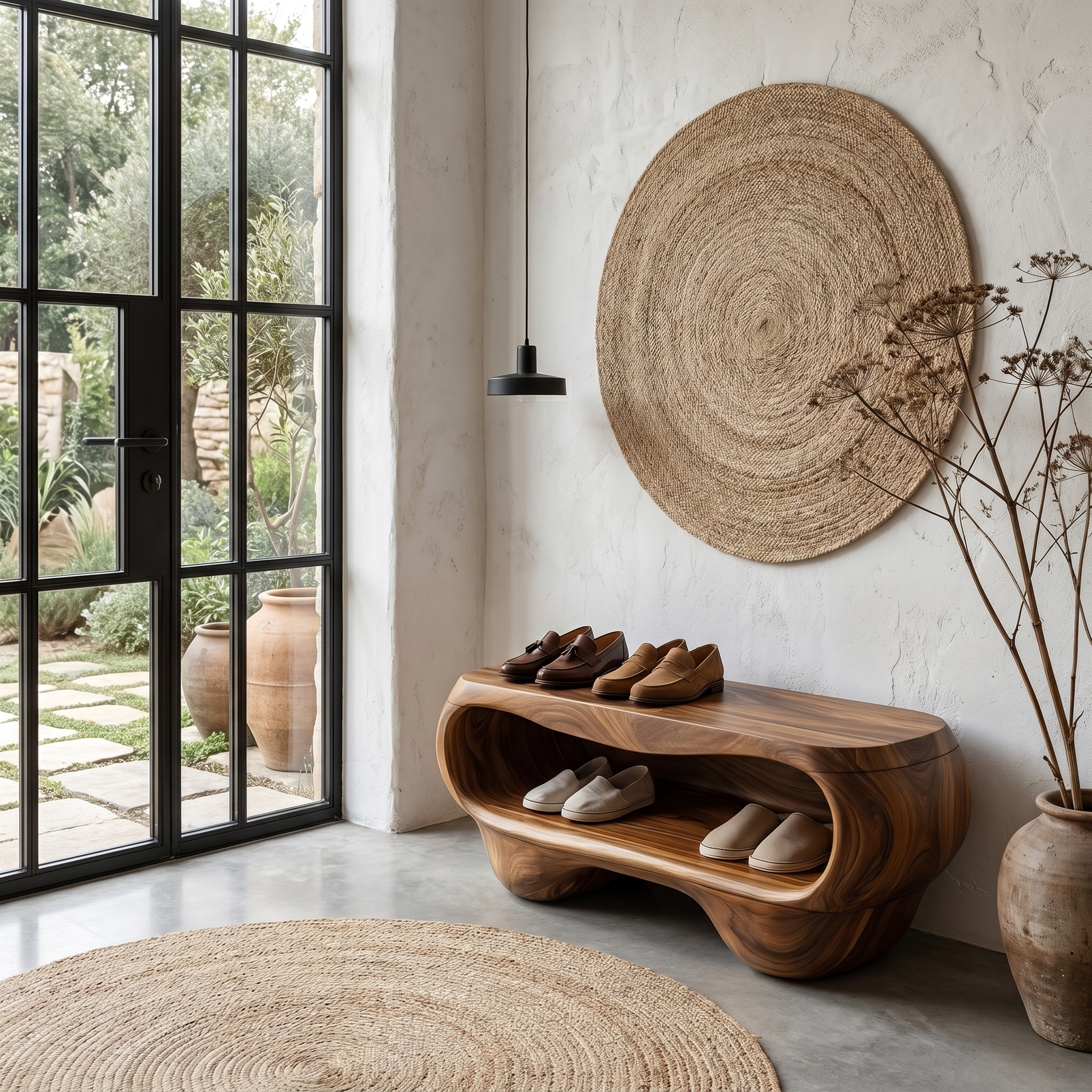 Organic Shoe Bench With Rounded Storage Shelves For Entryway