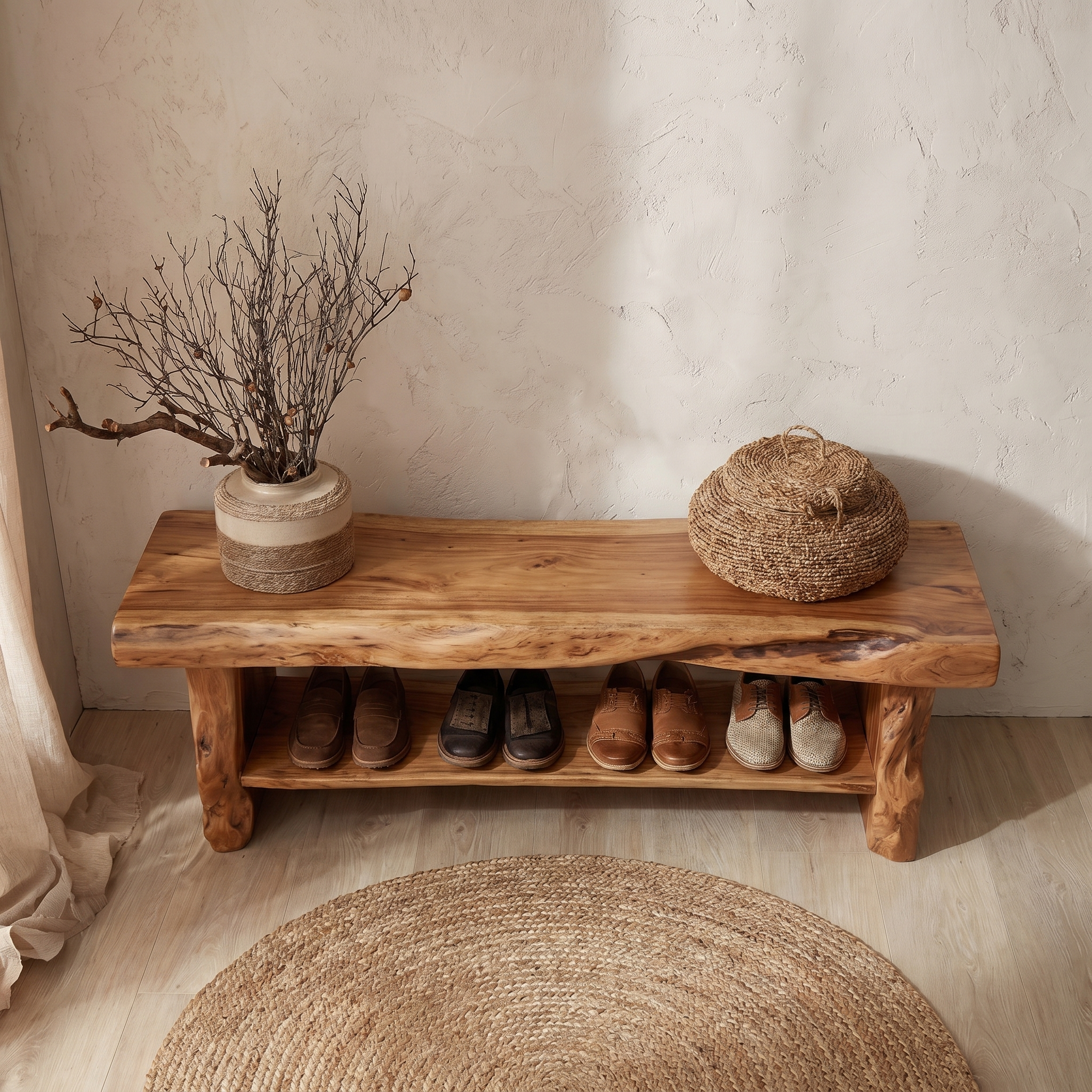 Rustic Shoe Bench Natural Wood Storage For Entryway