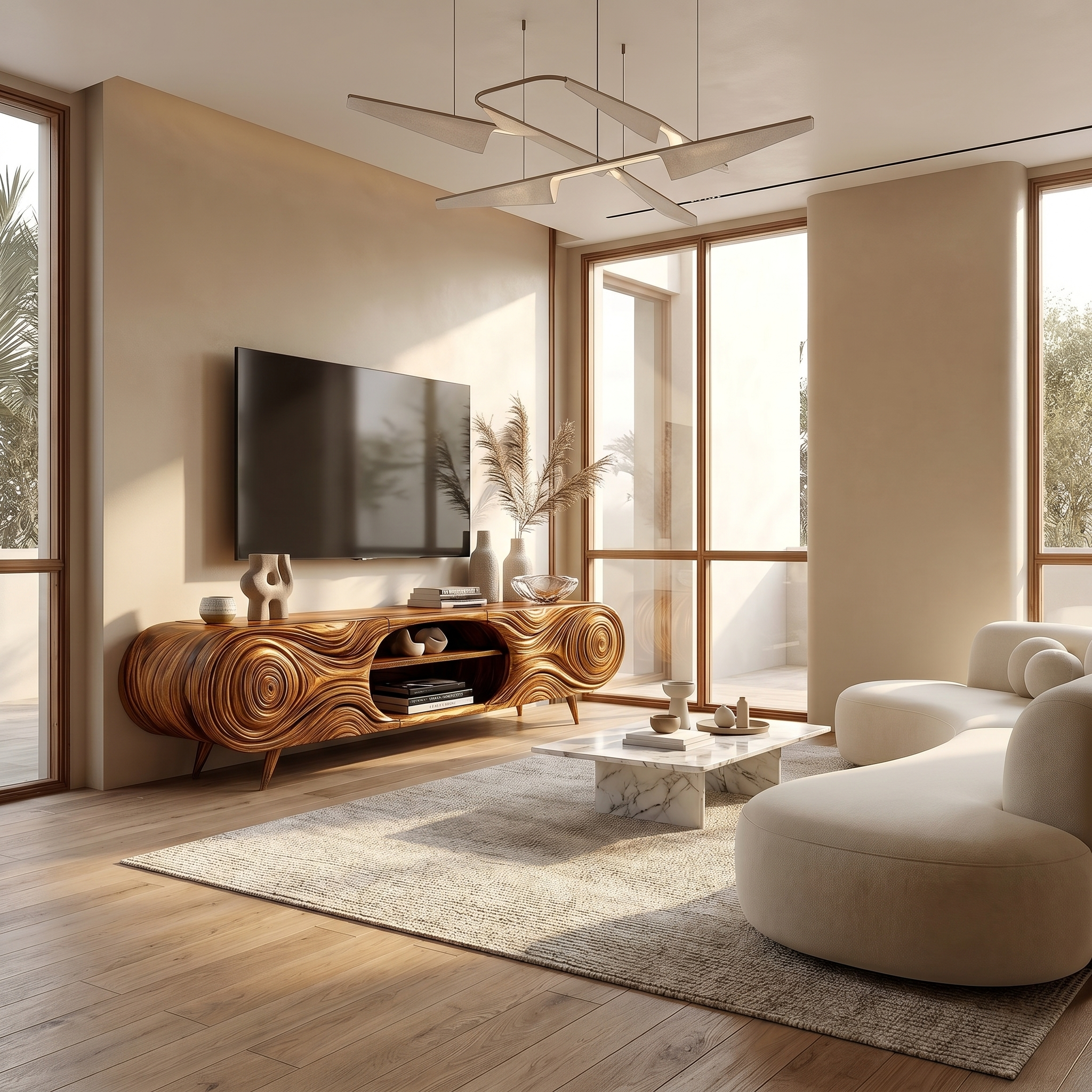 Organic Modern TV Cabinet Sculptural Wood Grain Design For Living Room