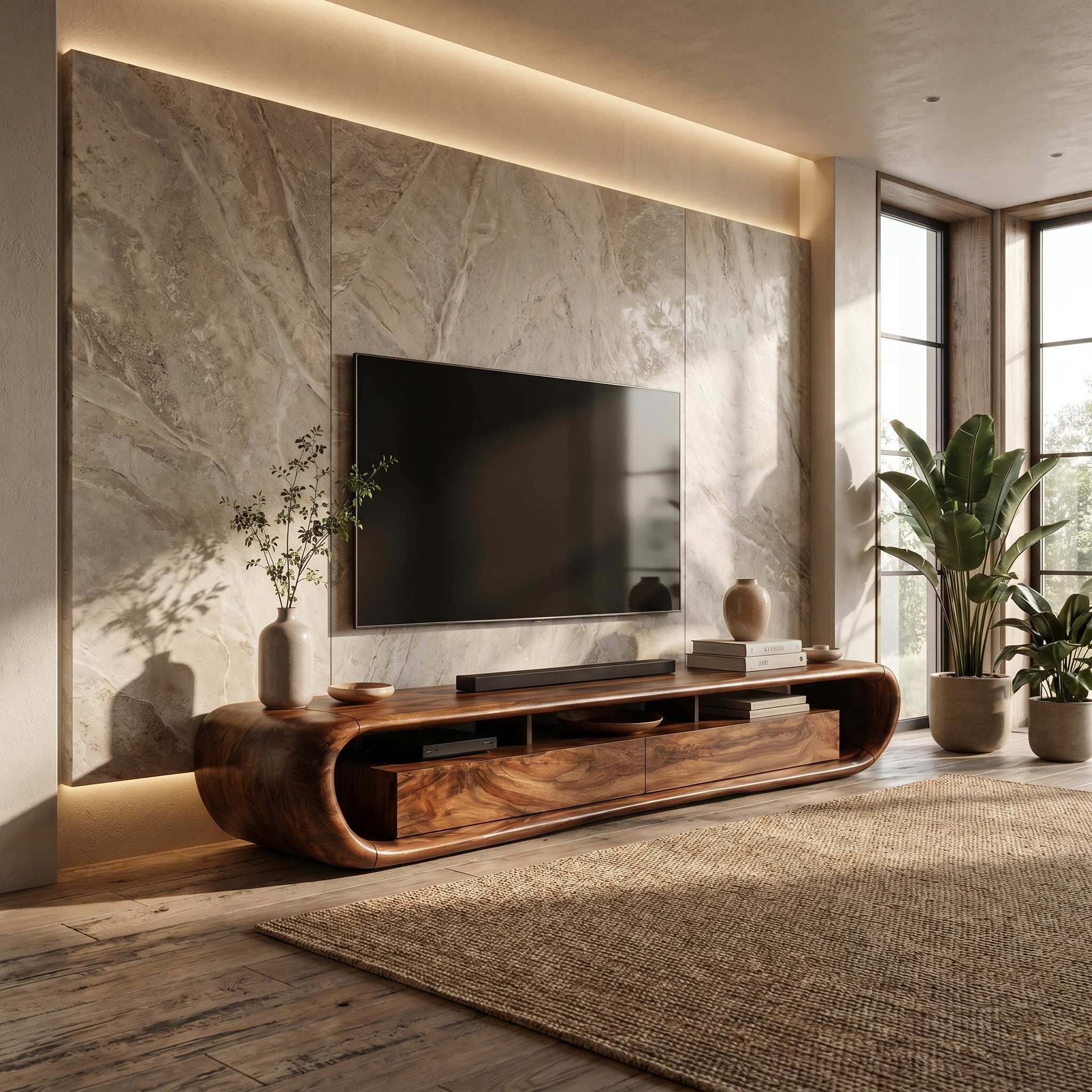 Organic TV Cabinet With Built In Storage And Rounded Curved Edges For Living Room