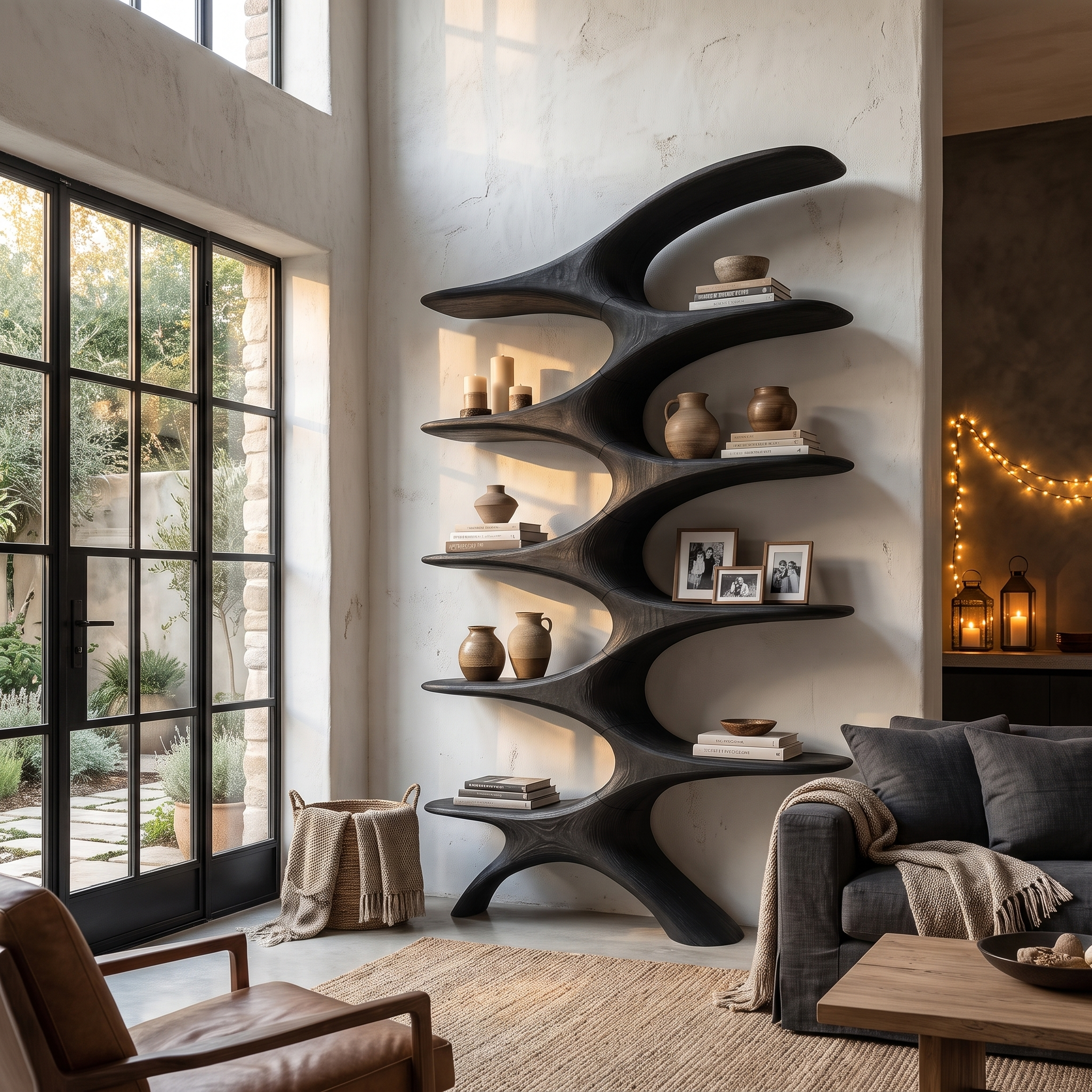 Sculptural Wall Bookcase With Organic Multi Tier Shelves For Living Room