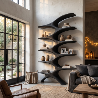 Sculptural Wall Bookcase With Organic Multi Tier Shelves For Living Room